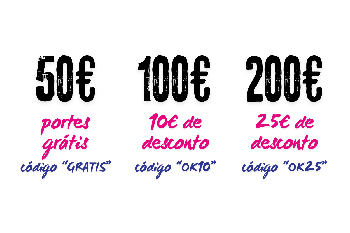 <div class="trix-content">
  <div>Mira lo que hemos preparado para ti:</div><ul>
<li>Pedidos superiores a 50€ (precio sin IVA ni gastos de envío) → <strong>Envío GRATIS</strong> con el código promocional «<strong>GRATIS</strong>»</li>
<li>Pedidos superiores a 100€ (precio sin IVA ni gastos de envío) → <strong>10€</strong> de <strong>DESCUENTO</strong> directo con el código «<strong>OK10</strong>»</li>
<li>Pedidos superiores a 200€ (precio sin IVA ni gastos de envío) → <strong>25€</strong> de <strong>DESCUENTO</strong> directo con el código «<strong>OK25</strong>»</li>
</ul>
</div>
